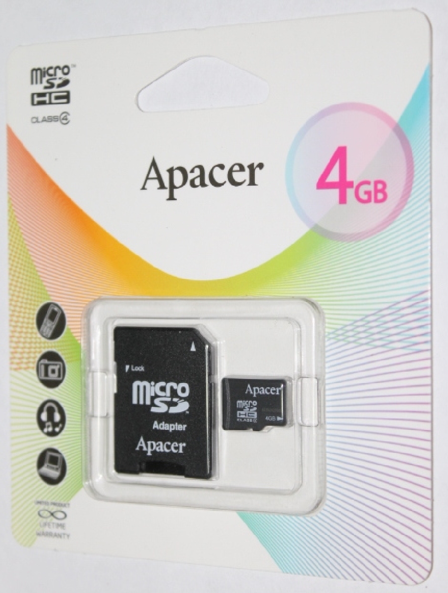 Micro SDHC 4 GB Apacer Class 4 с  адаптером SD