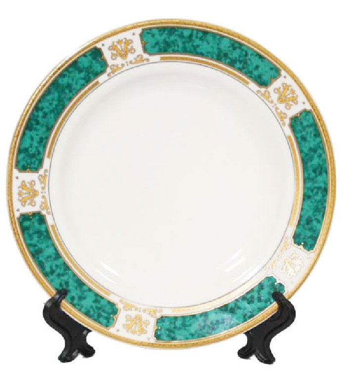 Тарелка для сублимации, каемка зеленый мрамор с золотом, керамическая 20см