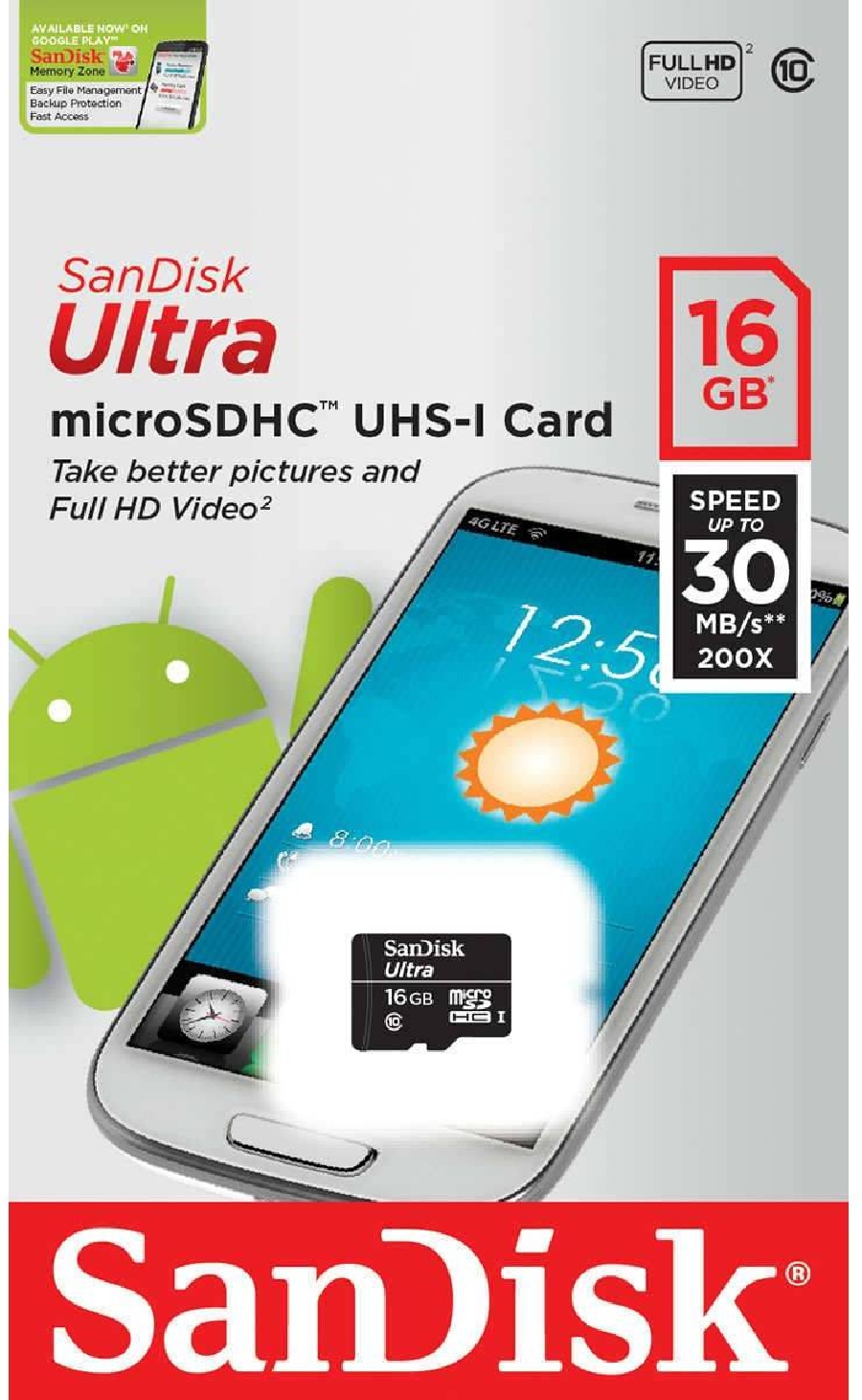 Micro SDHC 16 GB Sandisk class10 Ultra UHS без адаптера