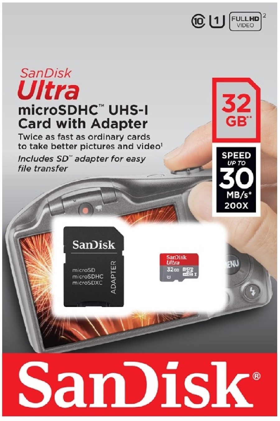 Micro SDHC 32 GB Sandisk class10 Ultra UHS + адаптер (для фотокамер)