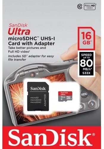 Micro SDHC 16 GB Sandisk Сlass10 Ultra UHS + адаптер (для фотокамер)